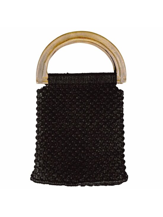 Handmade Handbags - Vintage 1970s Black Macrame Purse with Wooden Handles & Floral Lining